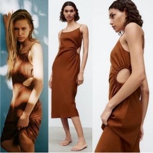 NWT Zara Midriff Cutout Linen Blend Brown Midi Dress XS